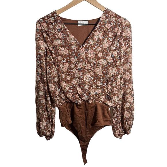 Sage the Label Brown Floral Balloon Sleeve Surplice Bodysuit Size Small - Picture 2 of 10